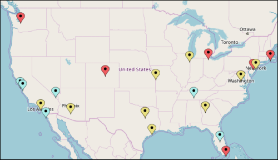 Location Pin Map of Covid-19 hot spots in the United States